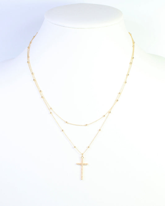 Kyla Pearl Cross Layered Necklace WR Gold