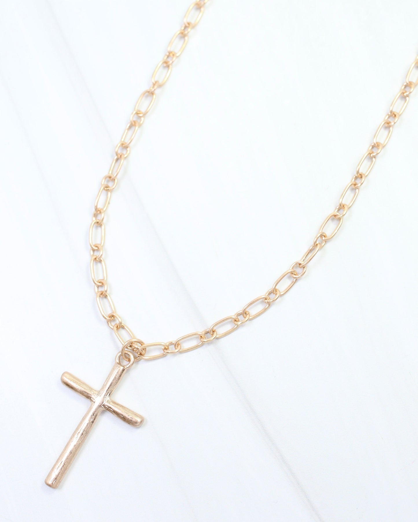 Cassia Textured Cross Necklace Worn Gold