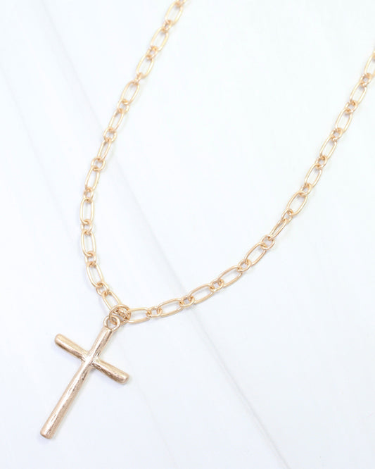 Cassia Textured Cross Necklace Worn Gold