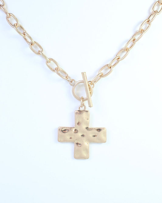 Cassie Hammered Cross Toggle Necklace Worn Gold