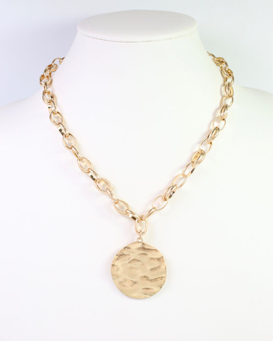 Franklin Hammered Round Pendant Necklace Worn Gold