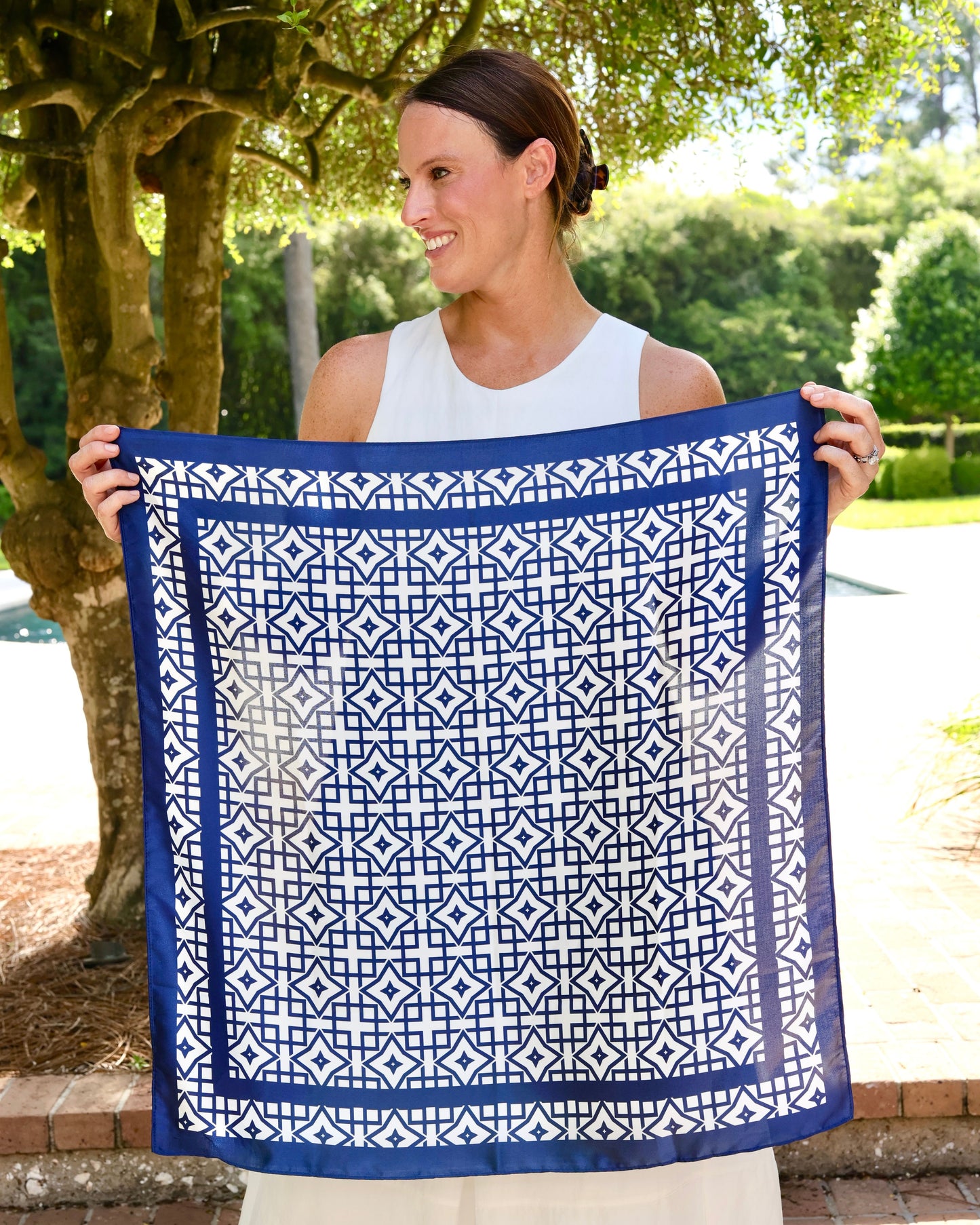 Langston Geometric Scarf Medium Navy White