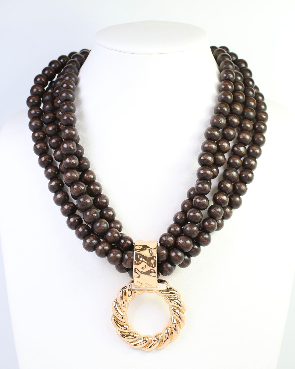 Margaux Wooden Bead Layered Necklace with Pendant Dark Brown