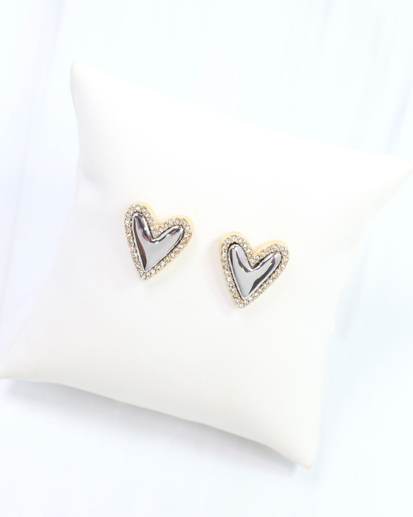 Whimsical Puff Heart and Crystal Stud Silver