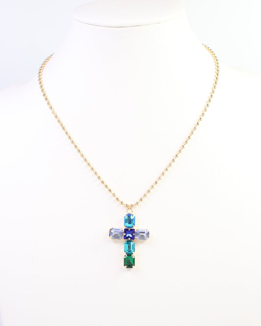 Kadis Crystal Cross Necklace Blue Multi
