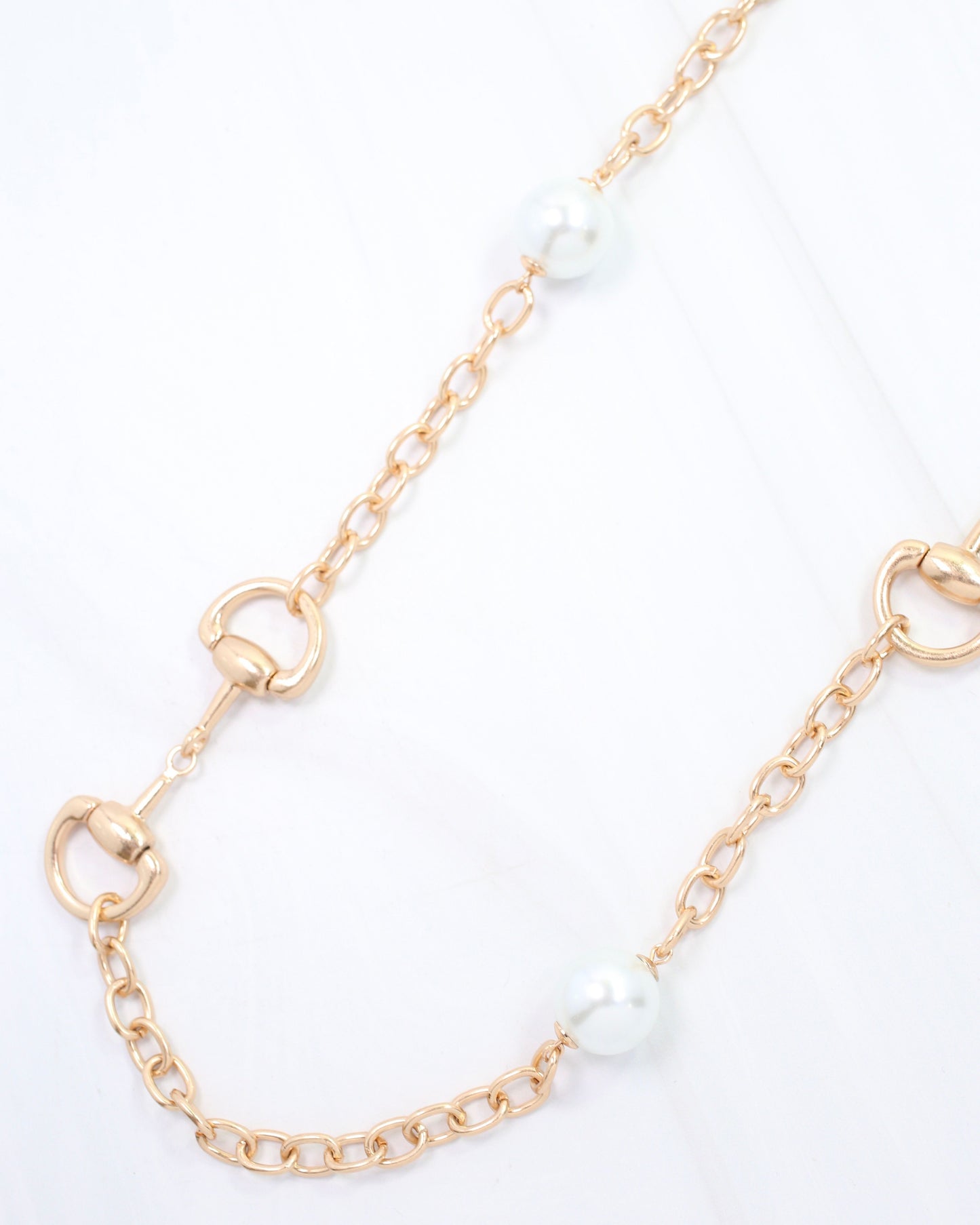 Emerson Horsebit Pearl Long Necklace Worn Gold