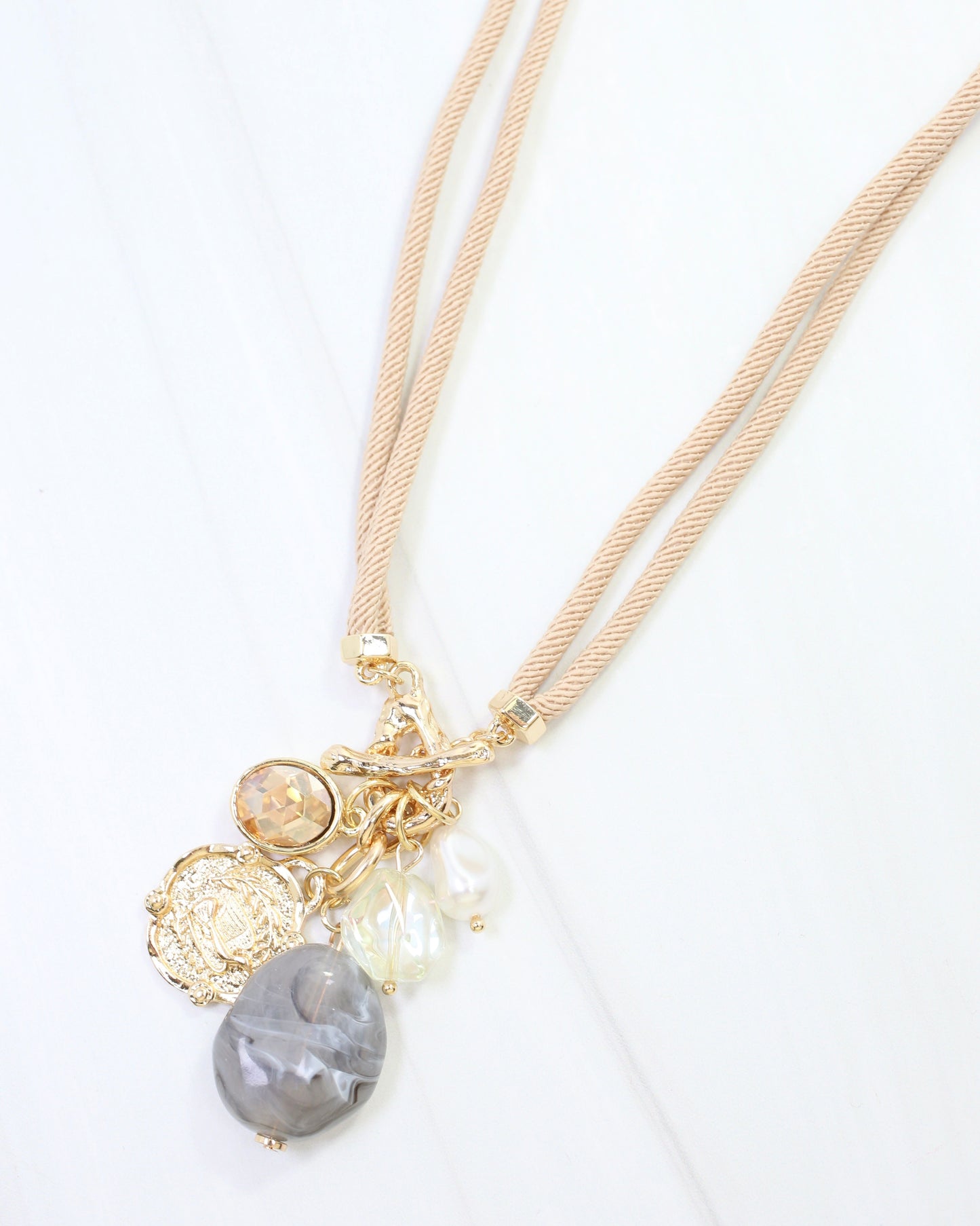 Maritza Coin and Stone Cord Necklace Natural