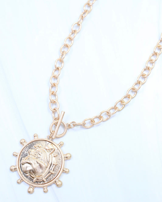 Collin Dog Coin Toggle Necklace Worn Gold