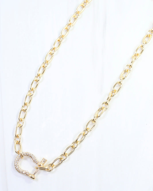 Bianca CZ Pave Horsebit Link Necklace WR Gold
