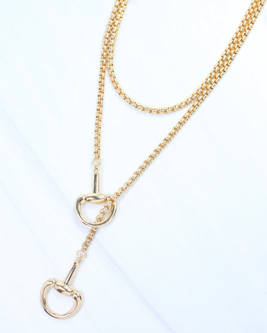 Ellen Horsebit Long Lariat Chain Necklace Gold