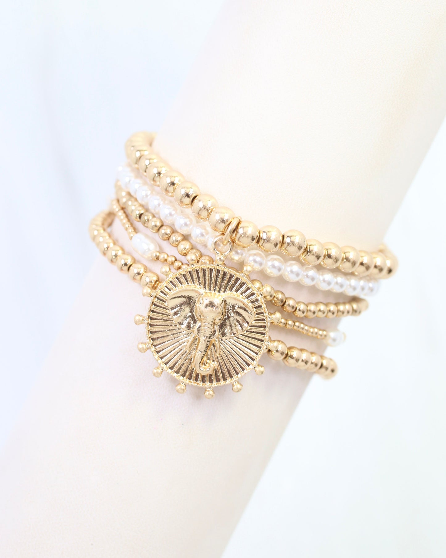 Carmen Coin Beaded Bracelet Set Elephant Worn Gold