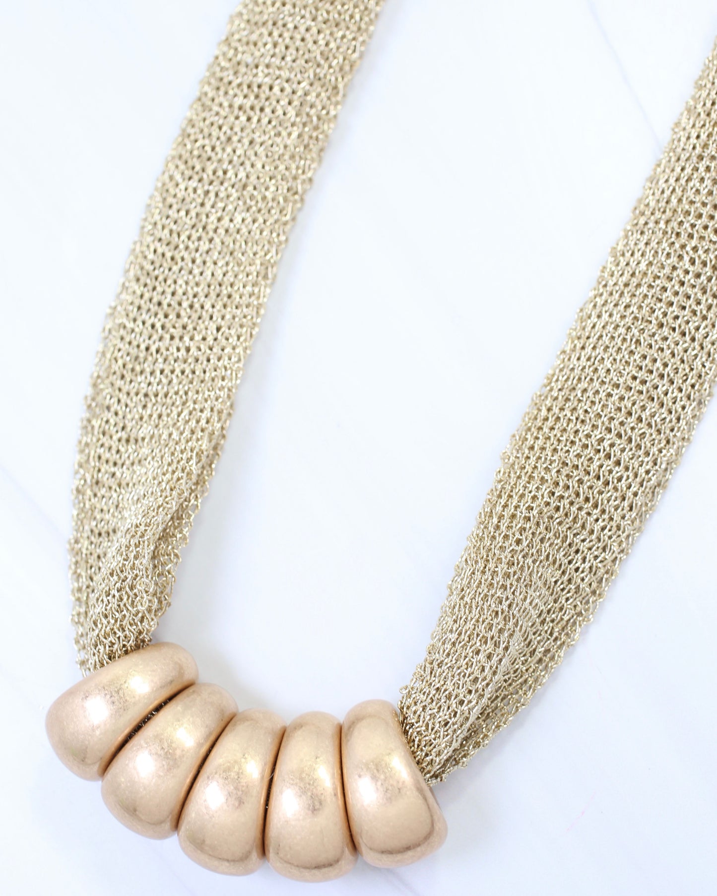 Utica Mesh Beaded Necklace Worn Gold
