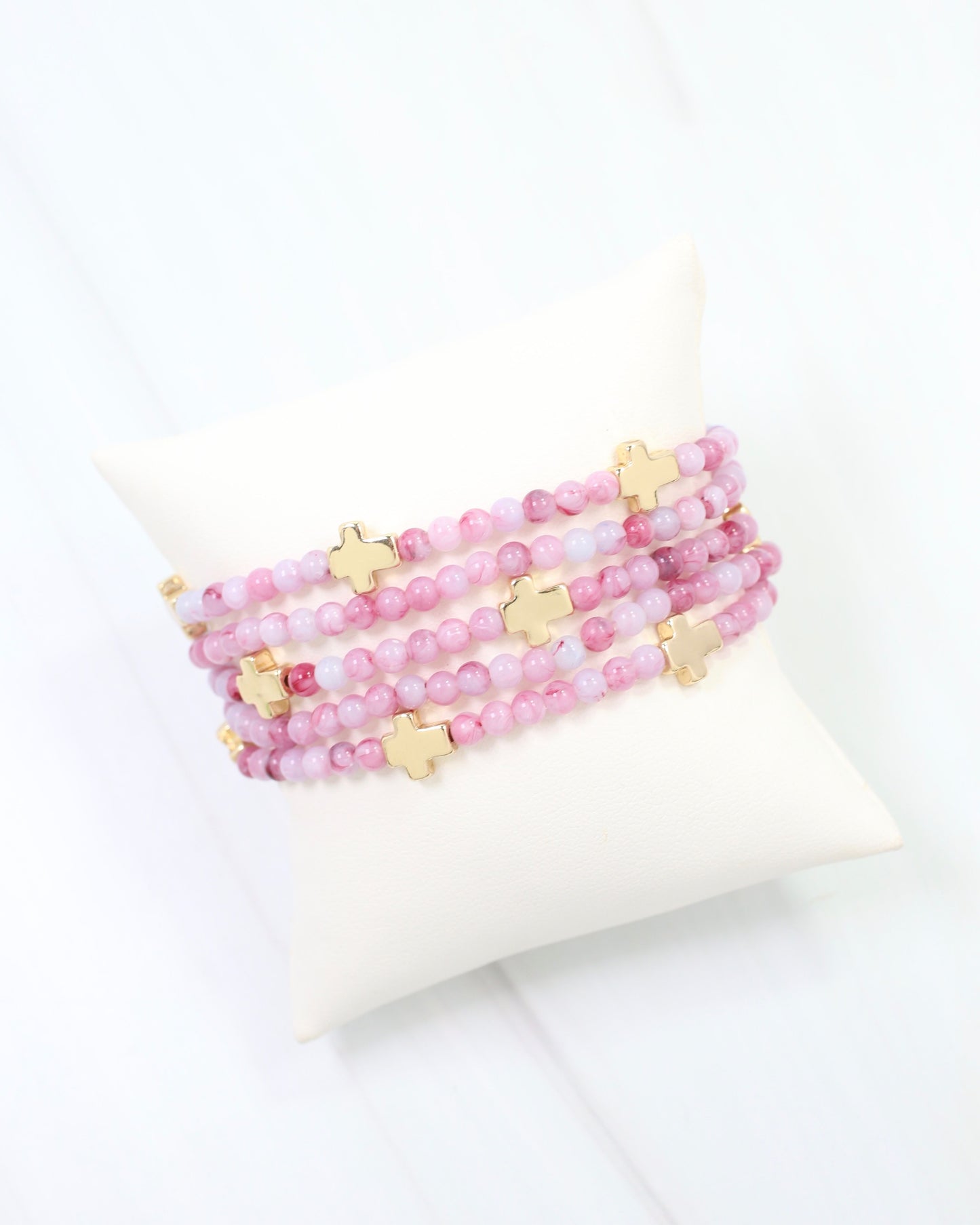 Flint Beaded Cross Stretch Bracelet Set Pink