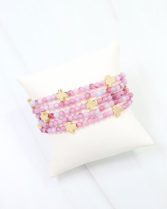 Flint Beaded Cross Stretch Bracelet Set Pink