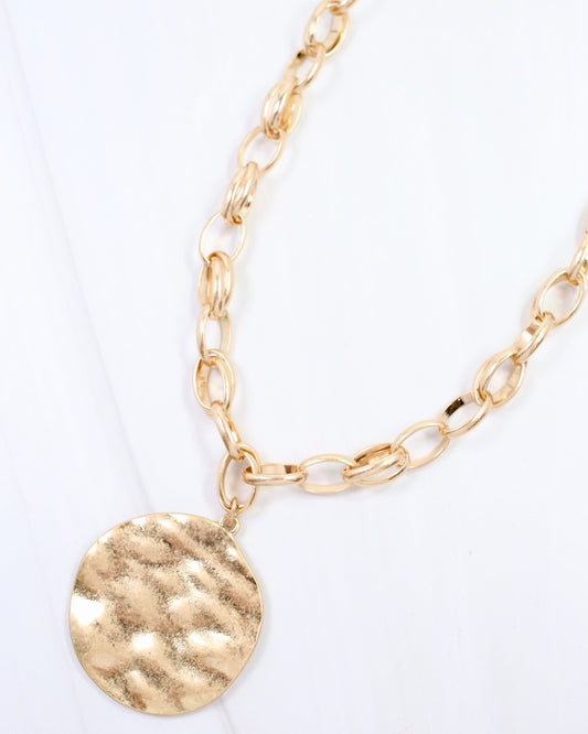 Franklin Hammered Round Pendant Necklace Worn Gold