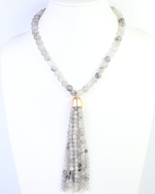 Mila Beaded Tassel Necklace Gray