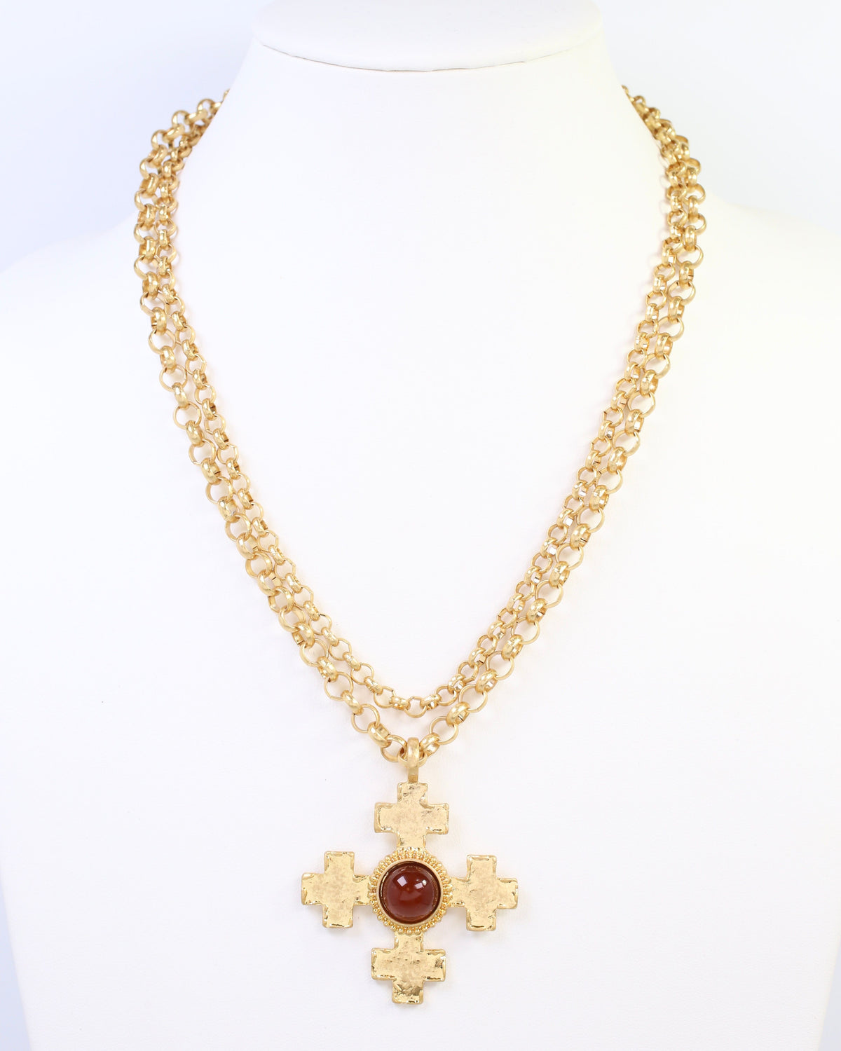 Highgrove Double Chain Cross Pendant Necklace Brown