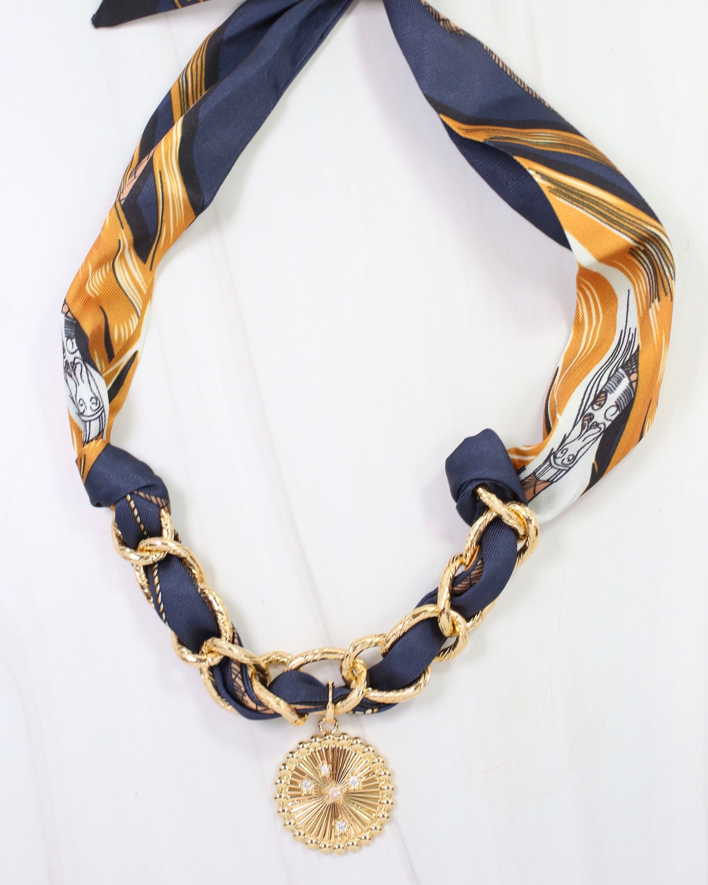 Sarah Scarf Charm Necklace Navy Gold