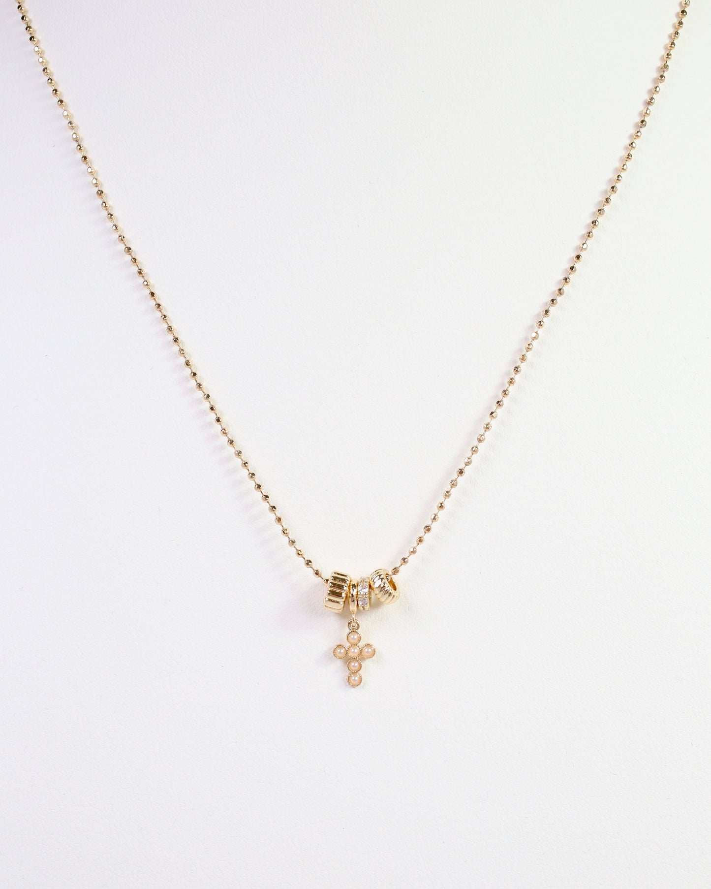 Nashua Rondelle Charm CZ Cross Necklace WR Gold