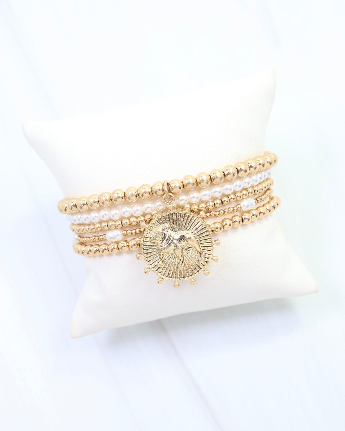 Carmen Coin Beaded Bracelet Set Standing Dog Worn Gold