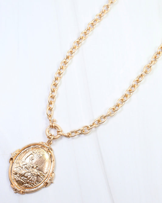 Bria Oval Medallion Long Necklace Worn Gold