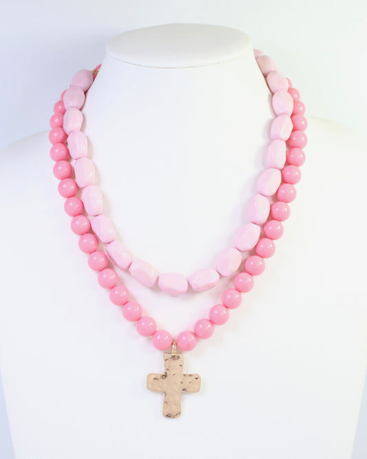 Pedy Cross Layered Beaded Necklace Pink