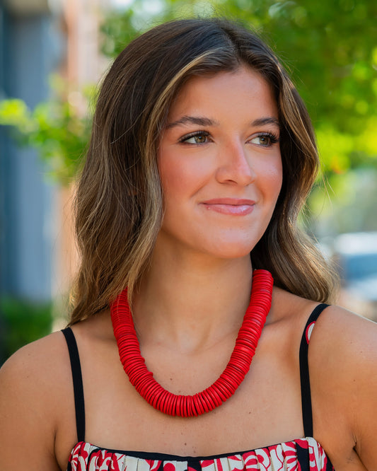 Leonora Wood Disk Bead Necklace Red