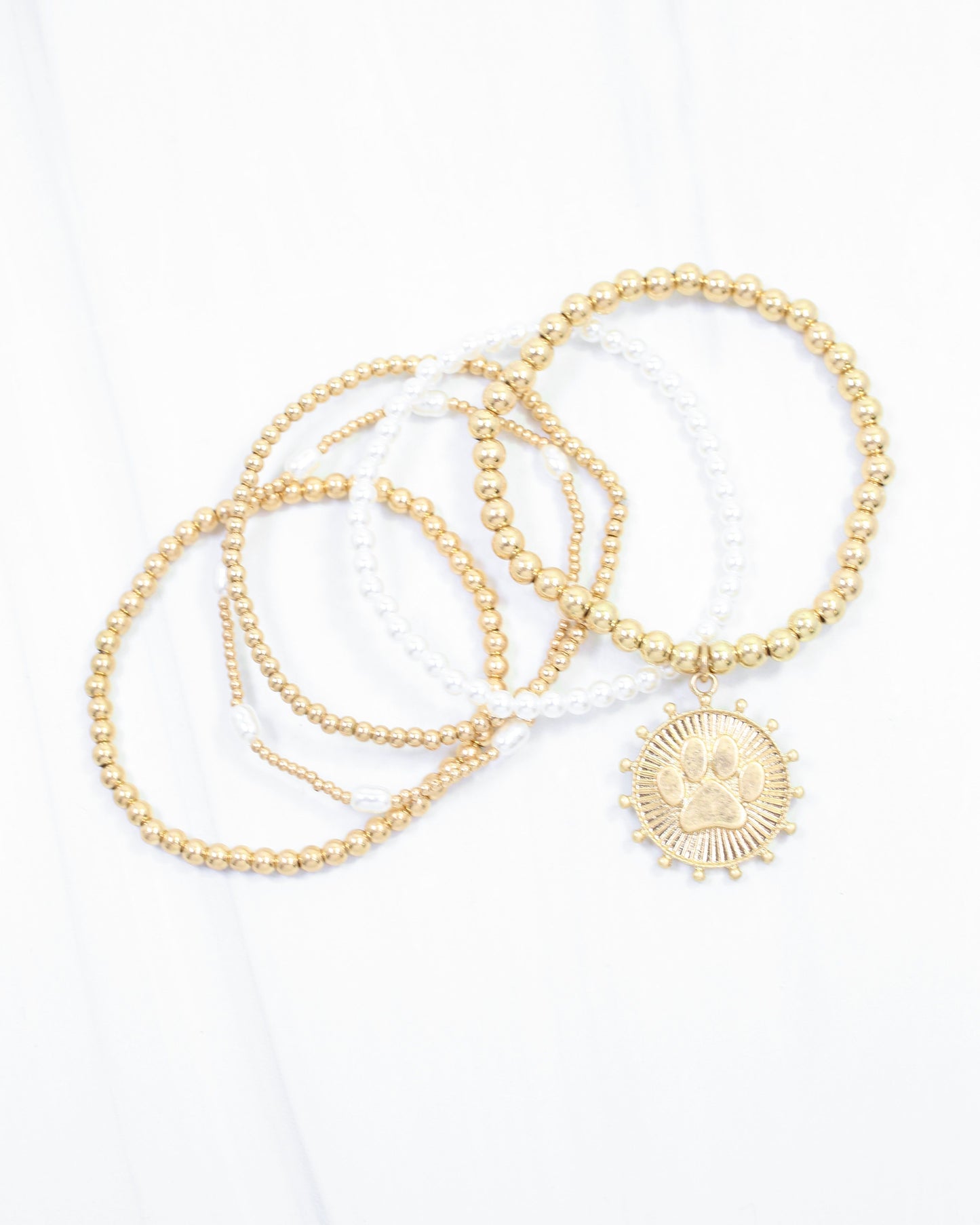 Carmen Coin Beaded Bracelet Set Paw Print Worn Gold