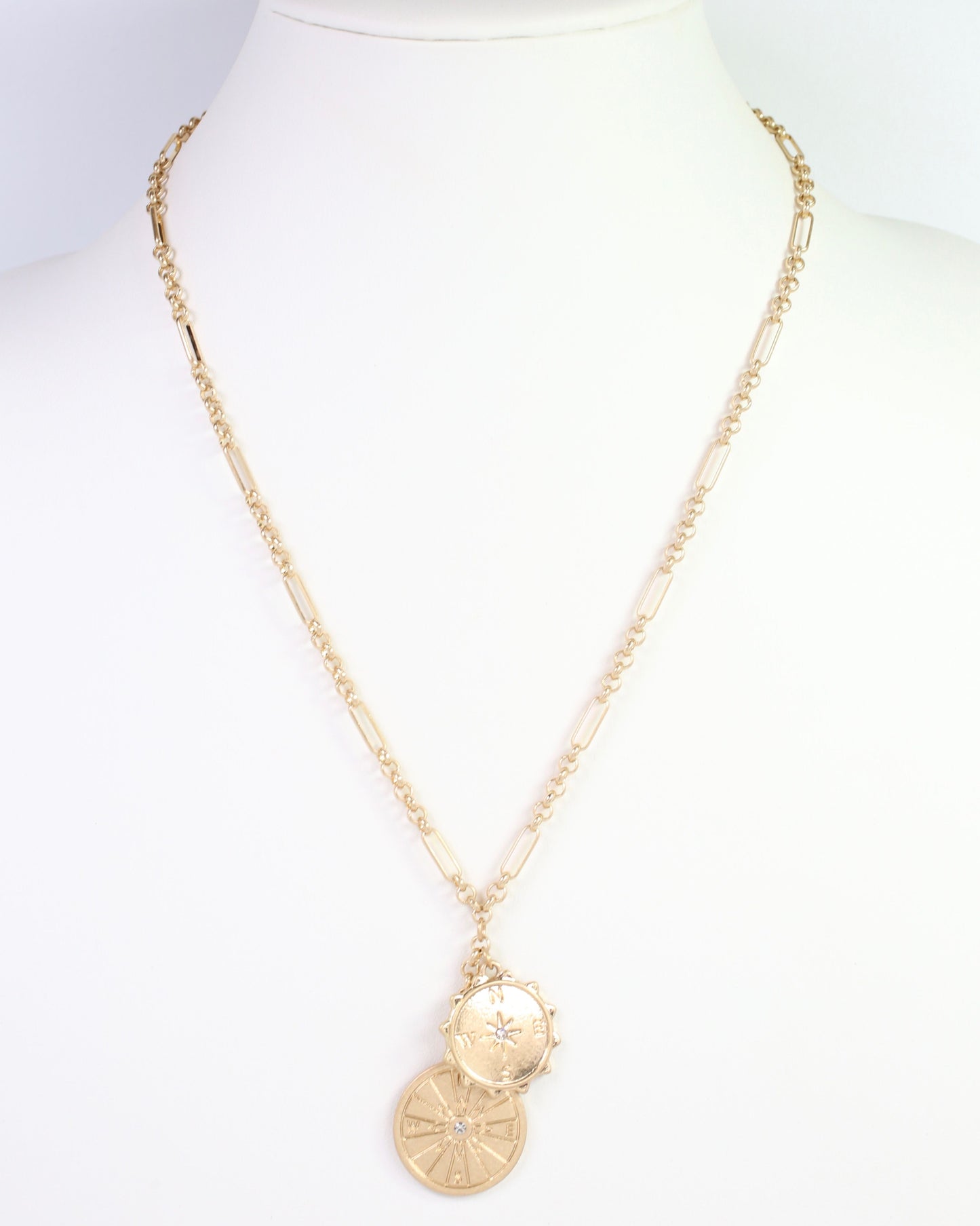 Charles Compass Coin Charm Necklace Worn Gold