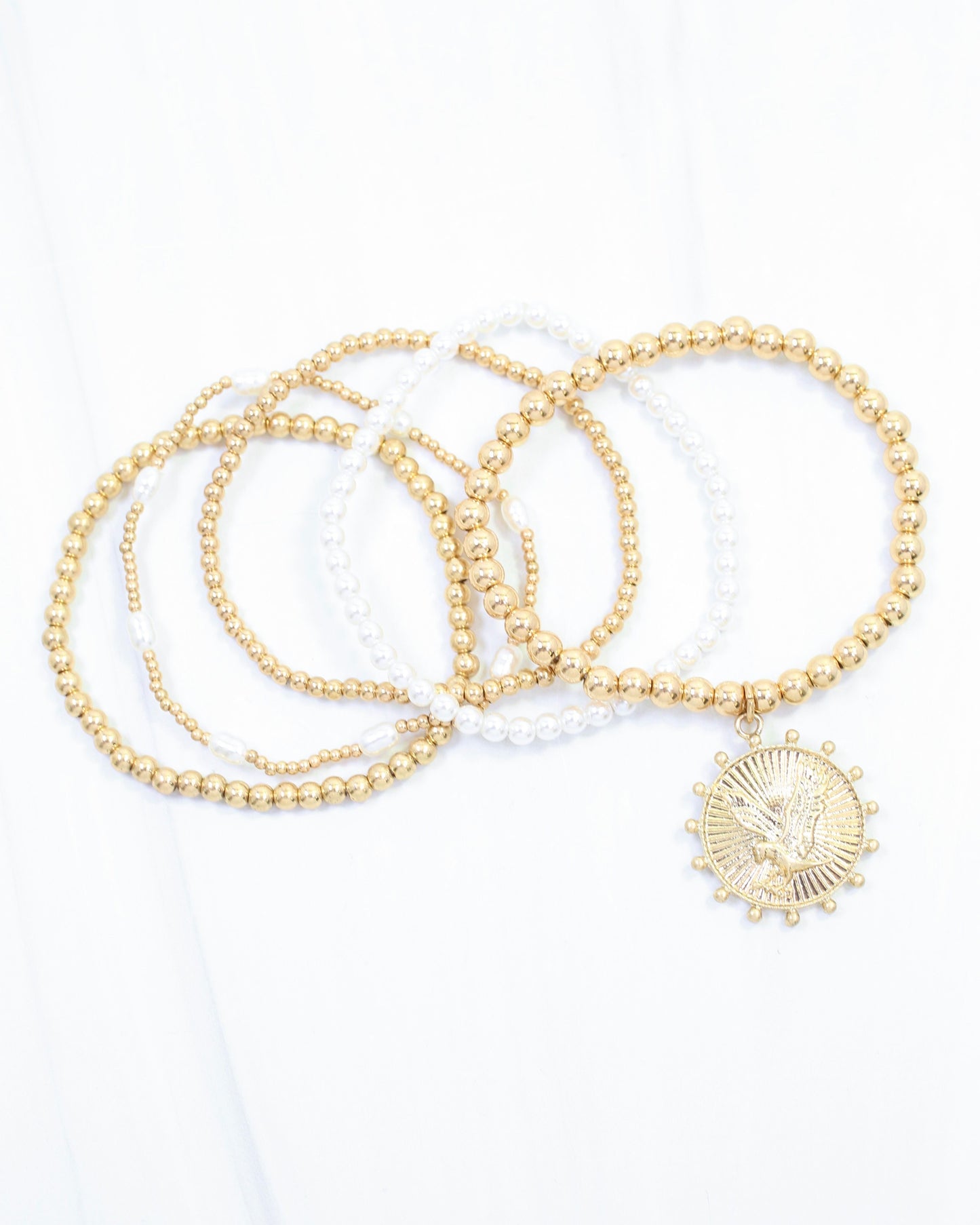 Carmen Coin Beaded Bracelet Set Eagle Worn Gold