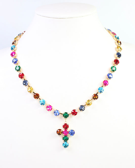Melville Crystal  Cross Necklace Dark Multi