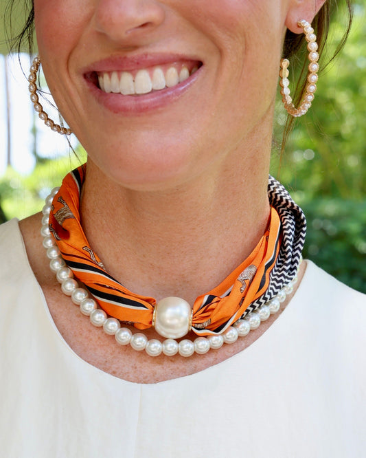 Two Strand Magnetic Pearl Scarf Necklace Orange
