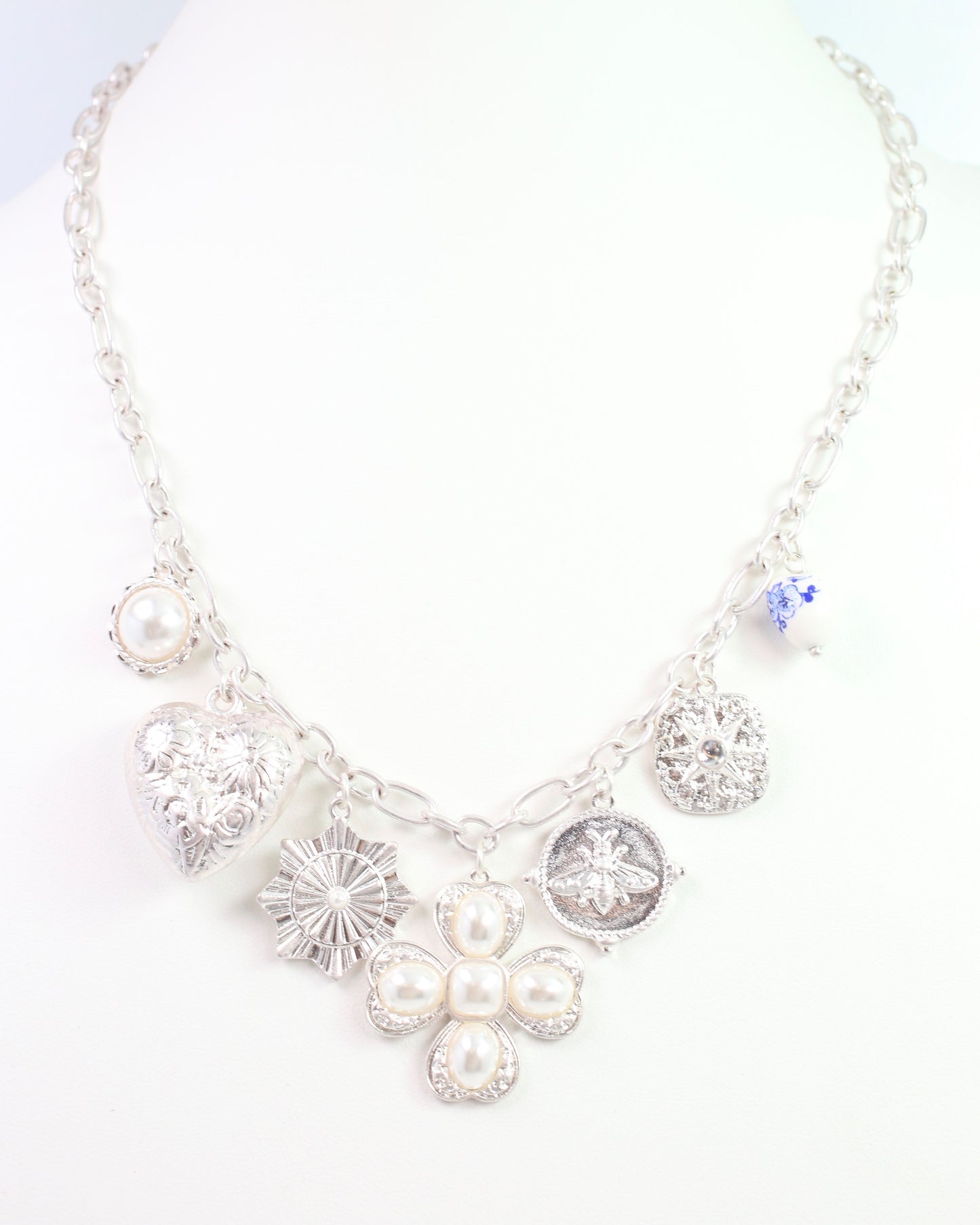 Verona Pearl  Charm Necklace Worn Silver