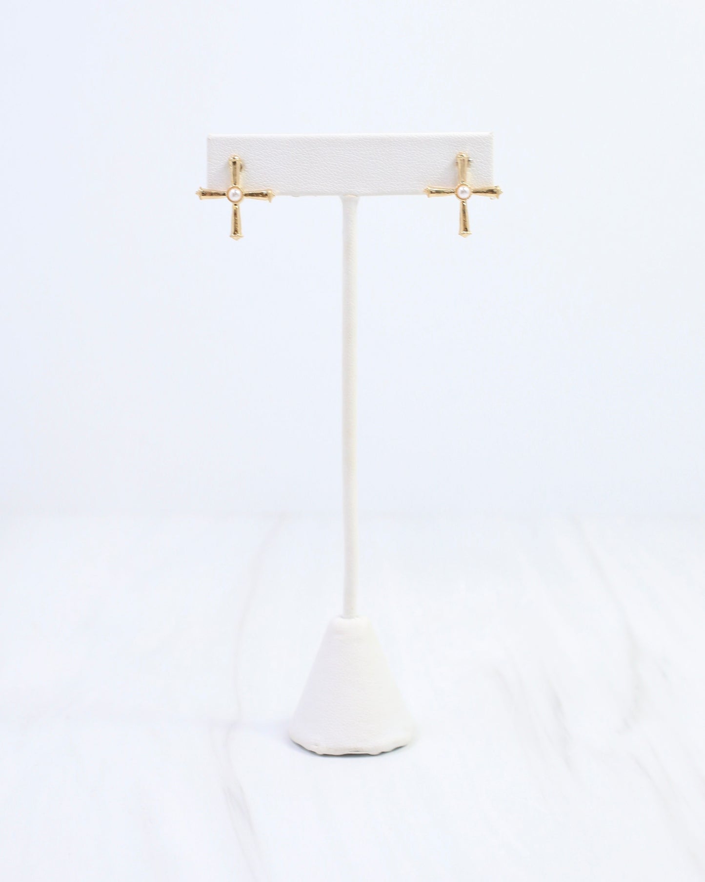 Janet Pearl Cross Stud Earring Worn Gold