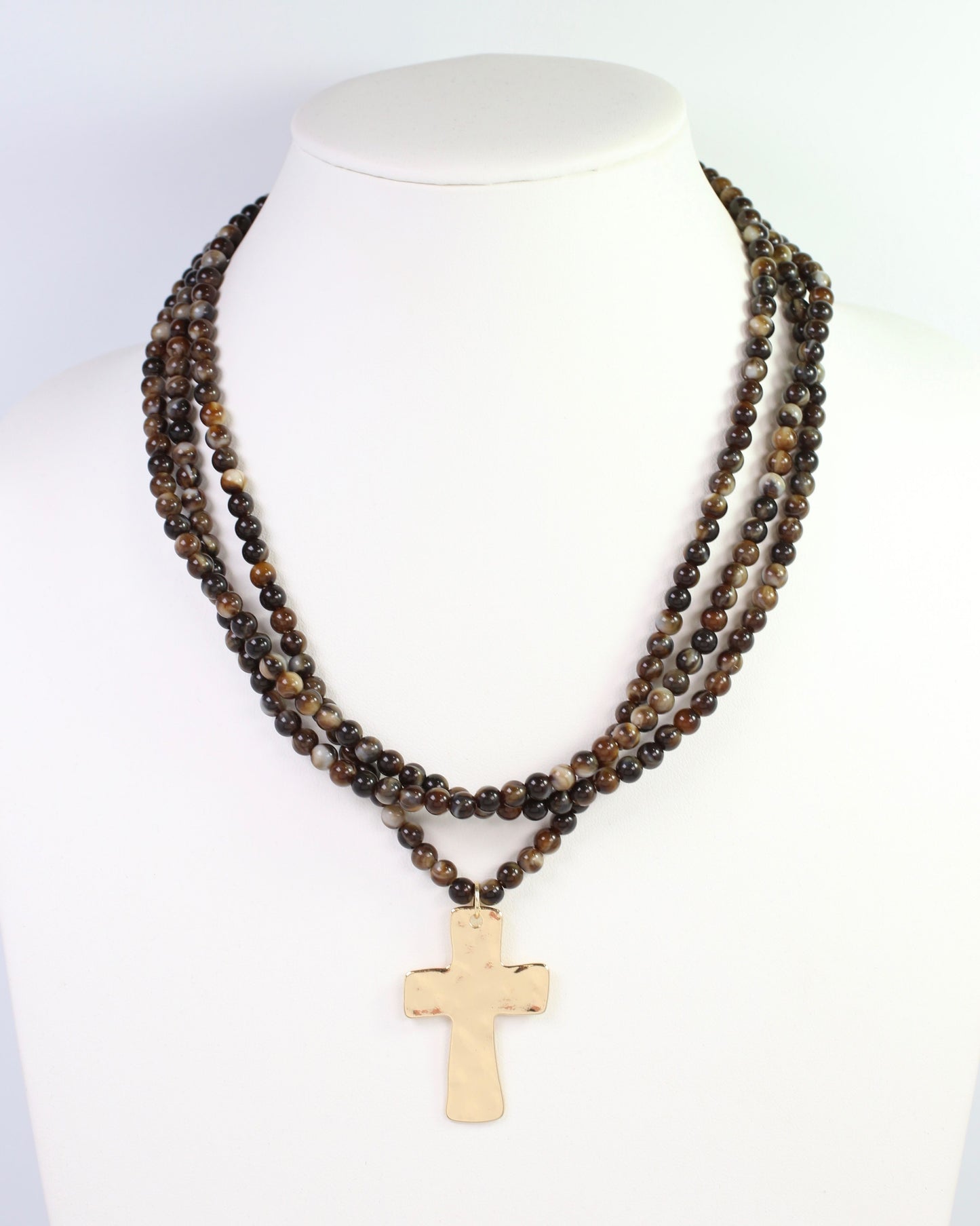 Barstow Layered Beaded Cross Necklace Brown