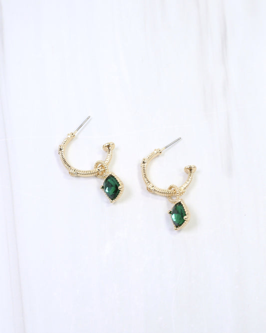 Anika Textured Medium Hoop With Dangle Emerald