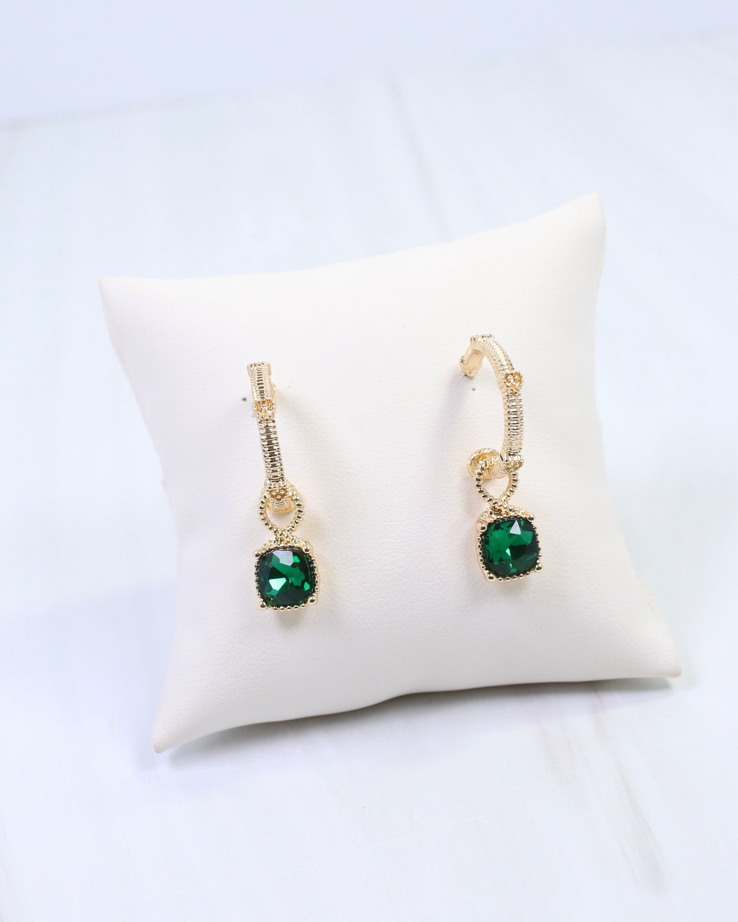Anika Textured Medium Hoop With Dangle Emerald