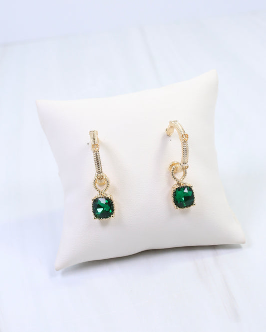 Anika Textured Medium Hoop With Dangle Emerald