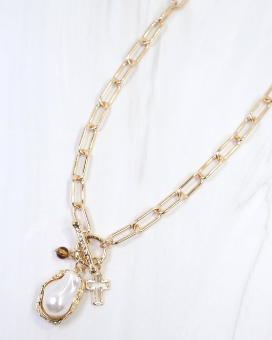 Renmark Pearl Cross Toggle Necklace Gold
