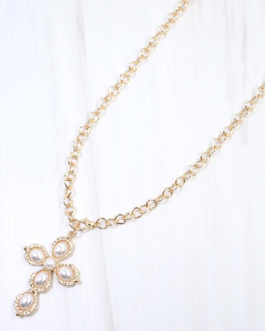 Pirie Pearl Cross Layered Necklace Gold