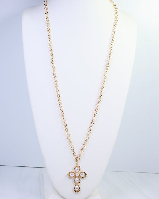 Pirie Pearl Cross Layered Necklace Gold