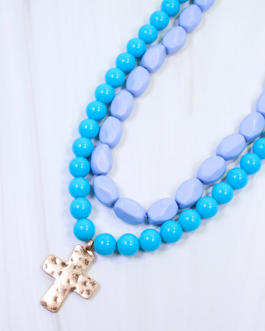 Pedy Cross Layered Beaded Necklace Blue