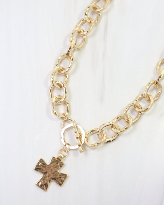 Athena Hammered Cross Toggle Necklace Gold