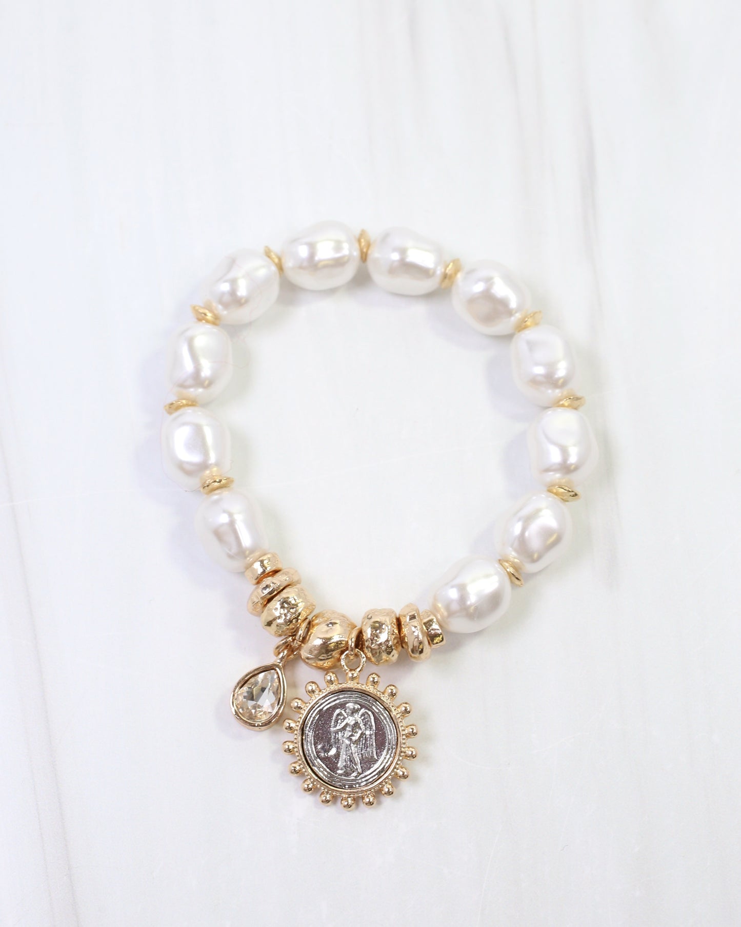 Bonnie Coin Charm Pearl Stretch Bracelet Cream