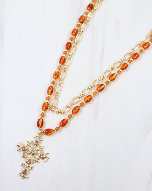 Carissa Beaded Layered Cross Necklace Topaz