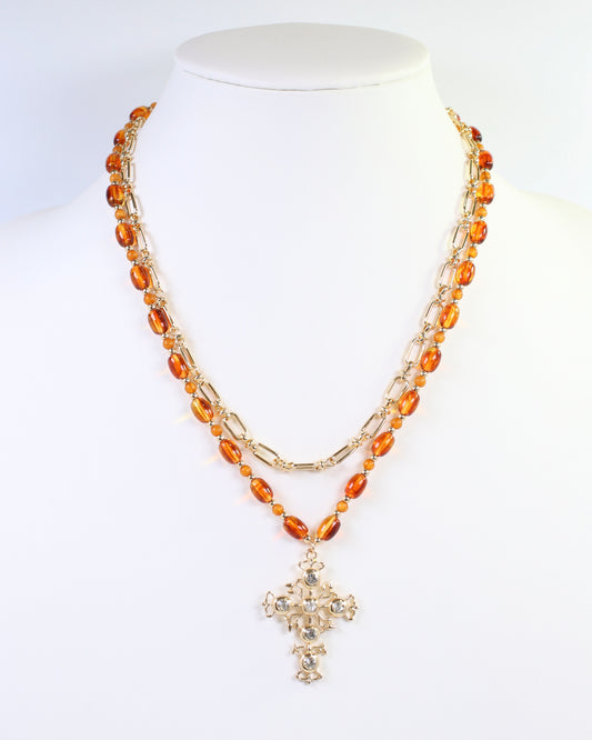 Carissa Beaded Layered Cross Necklace Topaz