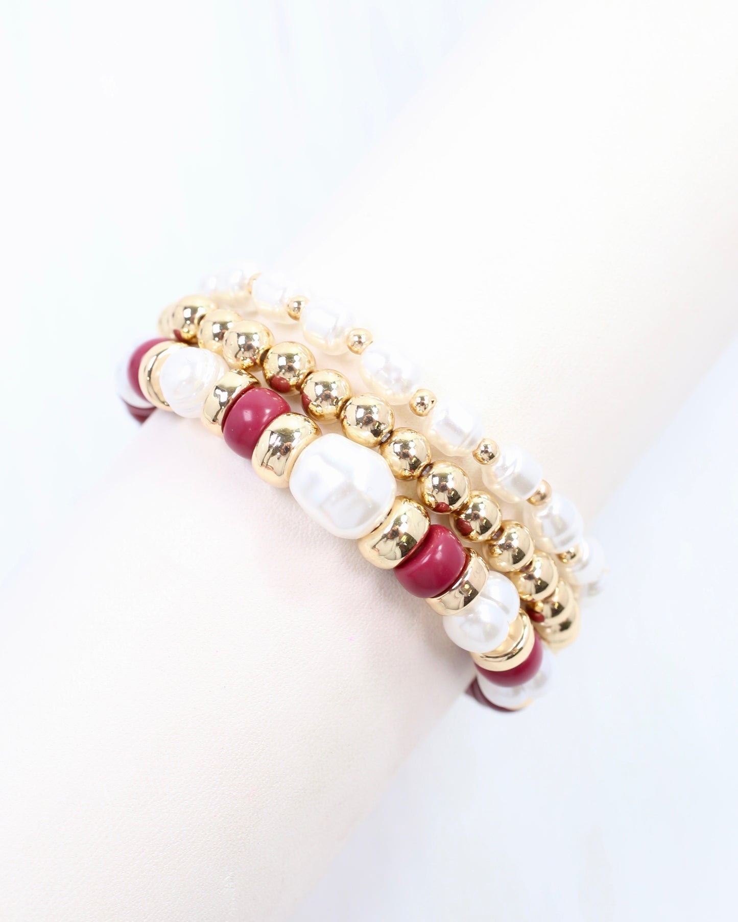 Bowie Bead and Pearl Stretch Bracelet Set Burgundy