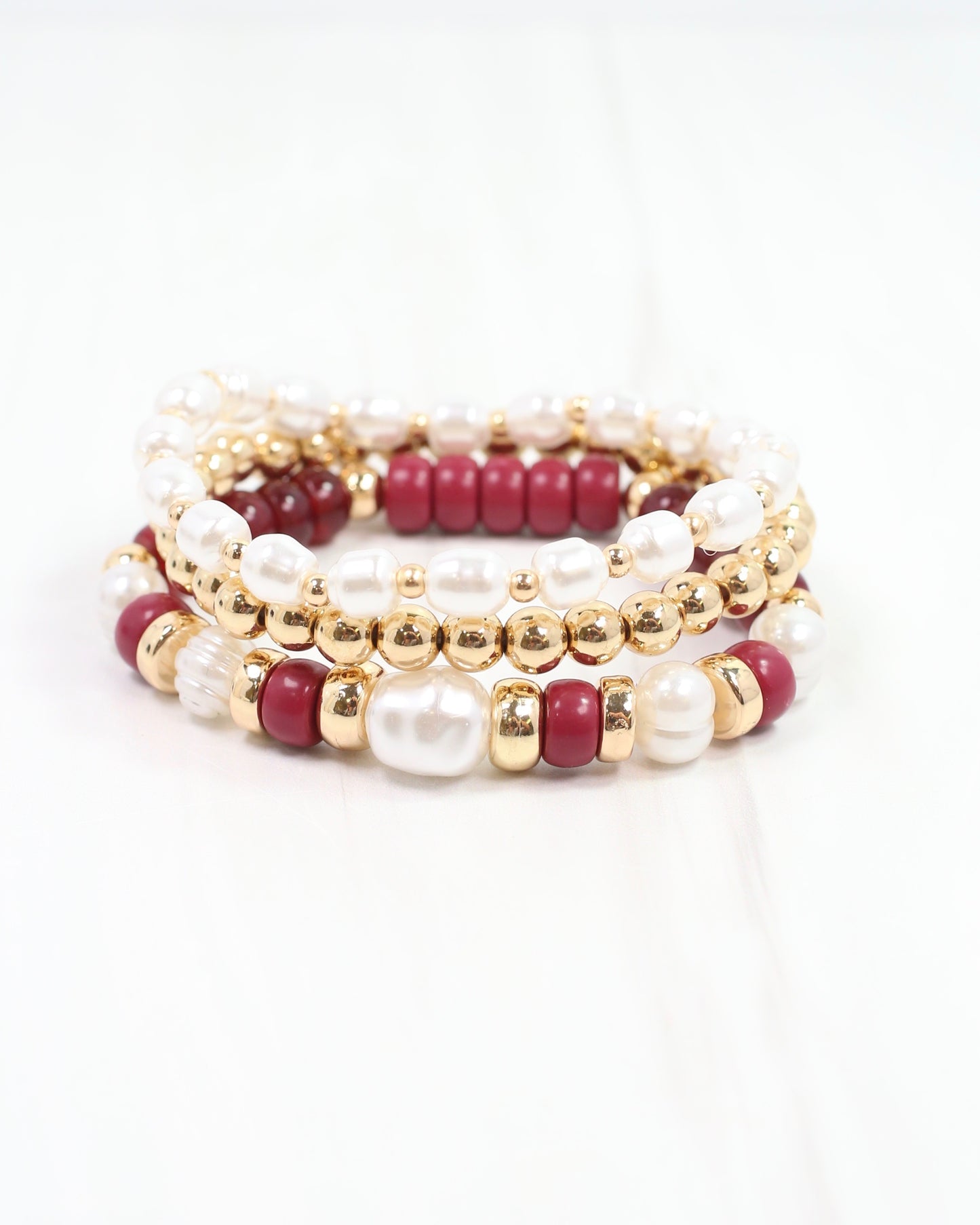 Bowie Bead and Pearl Stretch Bracelet Set Burgundy
