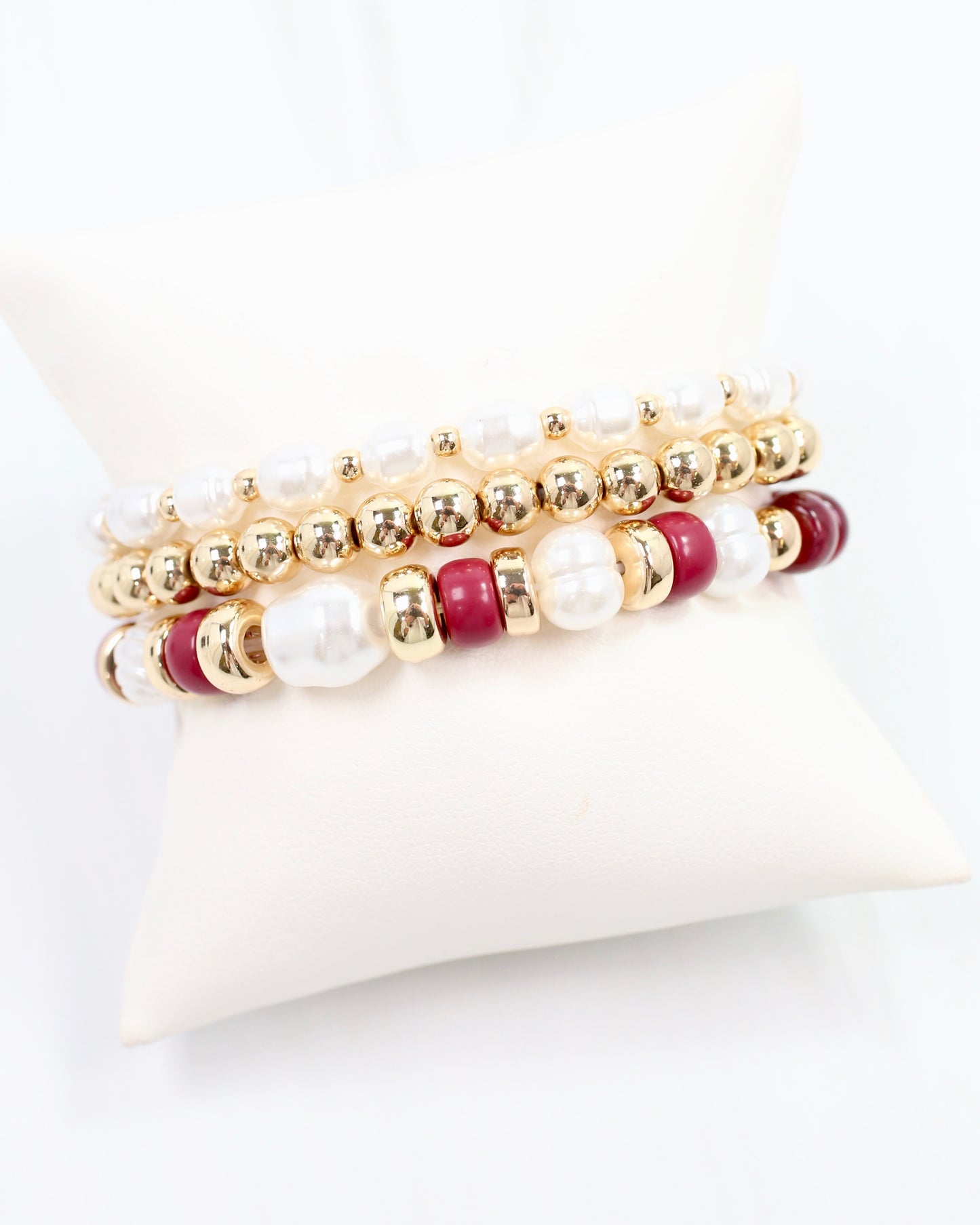 Bowie Bead and Pearl Stretch Bracelet Set Burgundy