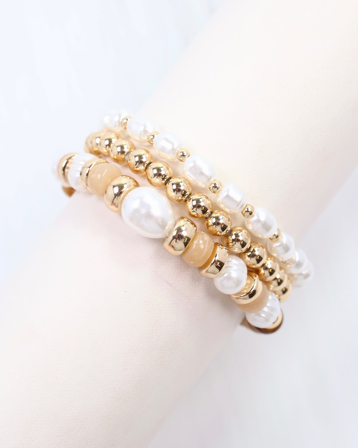 Bowie Bead and Pearl Stretch Bracelet Set Brown